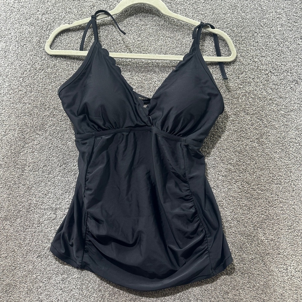 Motherhood Maternity Black Scalloped Tankini Top Medium Ruched Lace Up Back